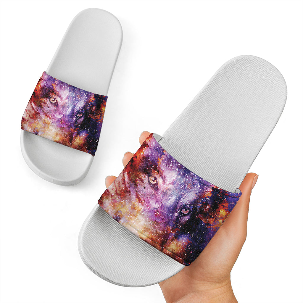 Galaxy Wolf Portrait Print White Slide Sandals