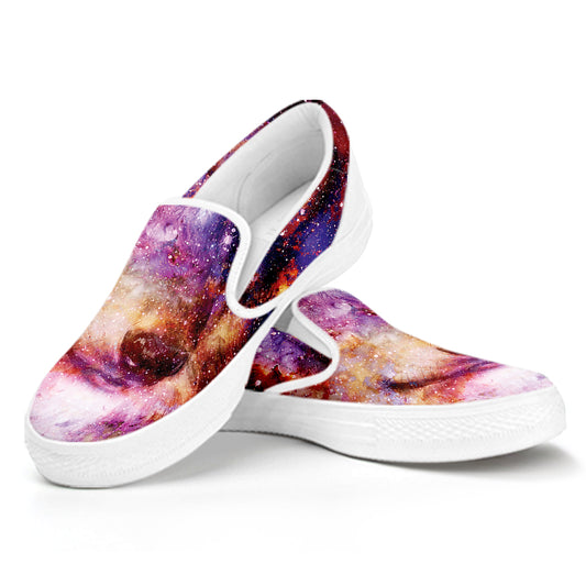 Galaxy Wolf Portrait Print White Slip On Shoes