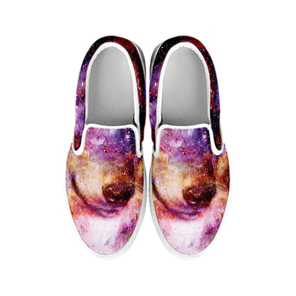 Galaxy Wolf Portrait Print White Slip On Shoes