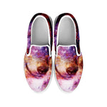 Galaxy Wolf Portrait Print White Slip On Shoes