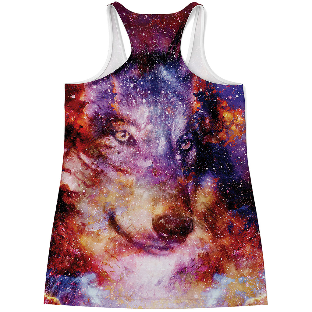 Galaxy Wolf Portrait Print Women's Racerback Tank Top