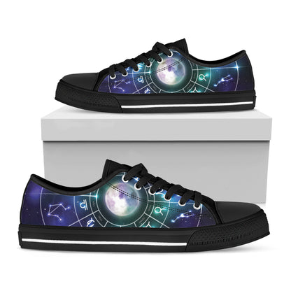 Galaxy Zodiac Wheel Print Black Low Top Shoes 