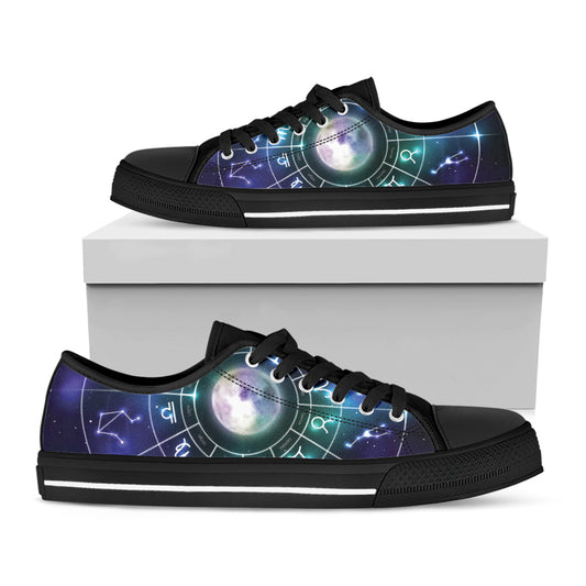 Galaxy Zodiac Wheel Print Black Low Top Shoes 