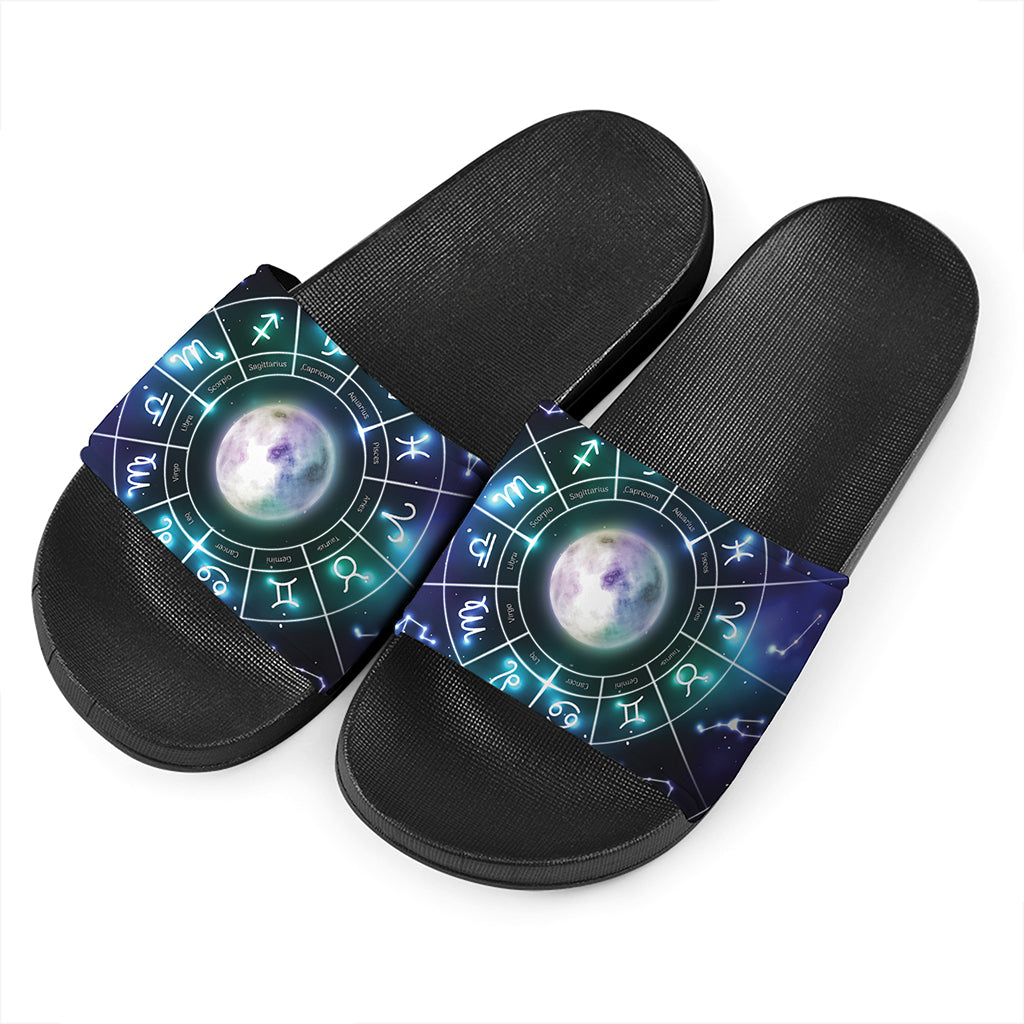 Galaxy Zodiac Wheel Print Black Slide Sandals