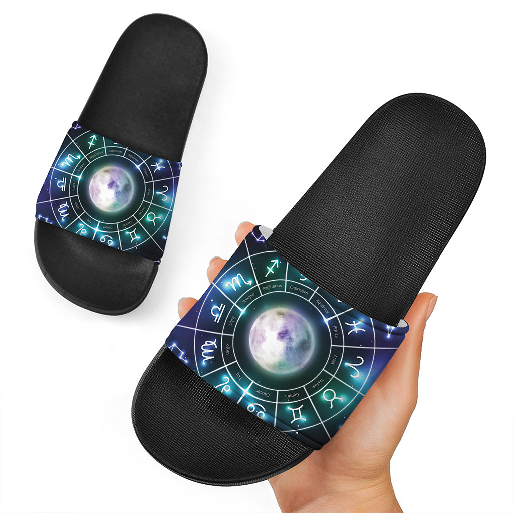 Galaxy Zodiac Wheel Print Black Slide Sandals
