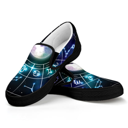 Galaxy Zodiac Wheel Print Black Slip On Shoes