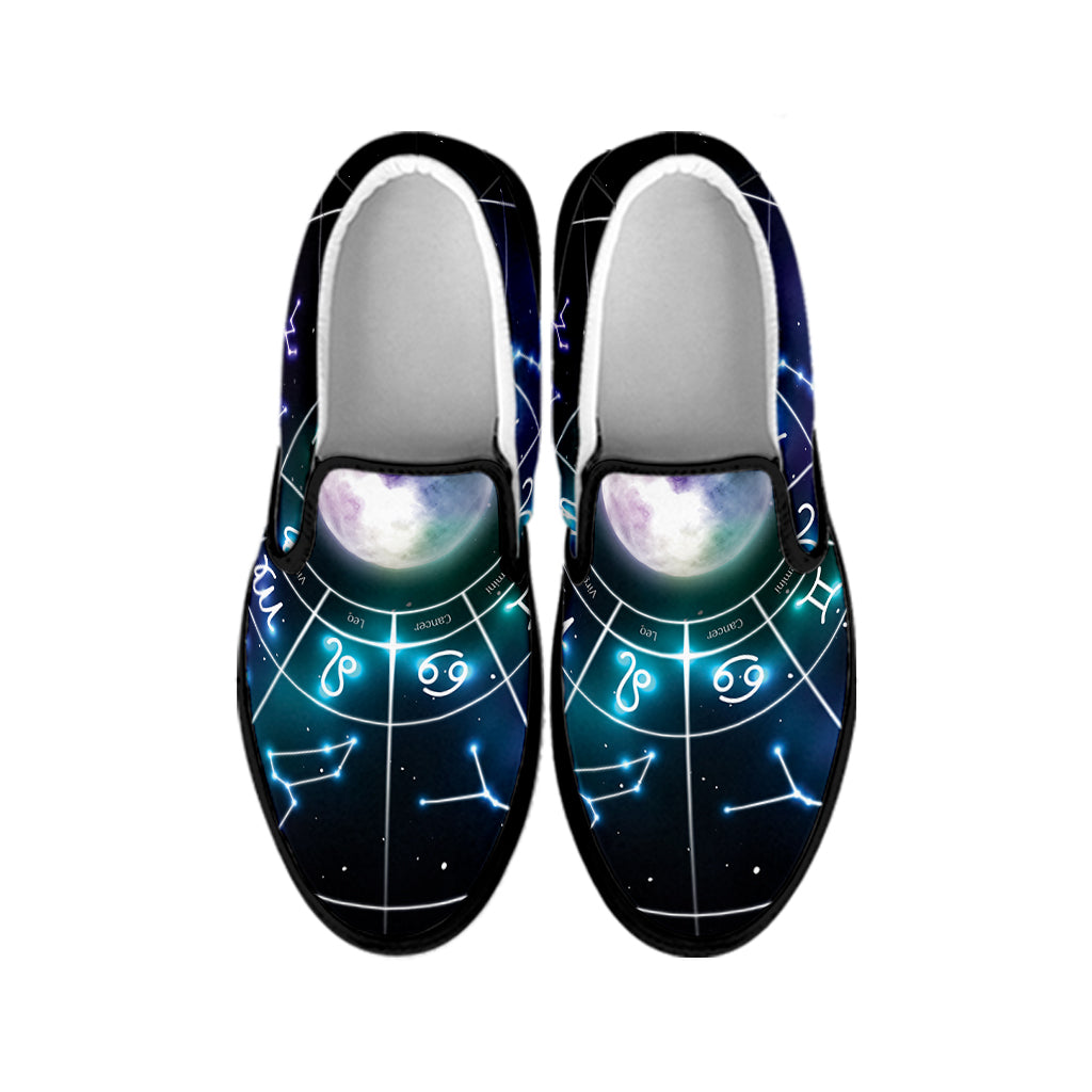 Galaxy Zodiac Wheel Print Black Slip On Shoes