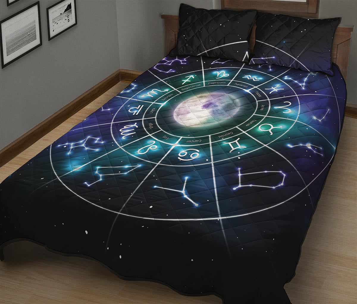Galaxy Zodiac Wheel Print Quilt Bed Set
