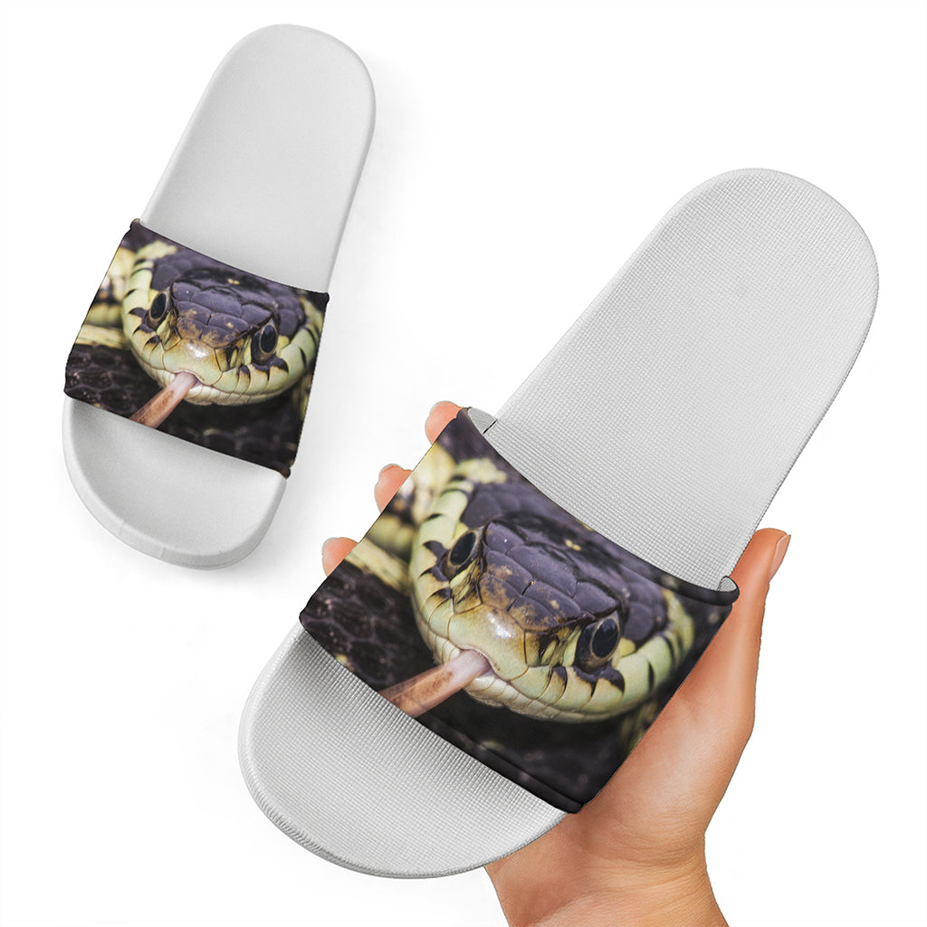 Garter Snake Print White Slide Sandals