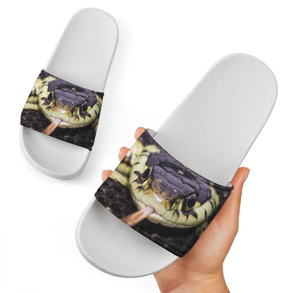 Garter Snake Print White Slide Sandals