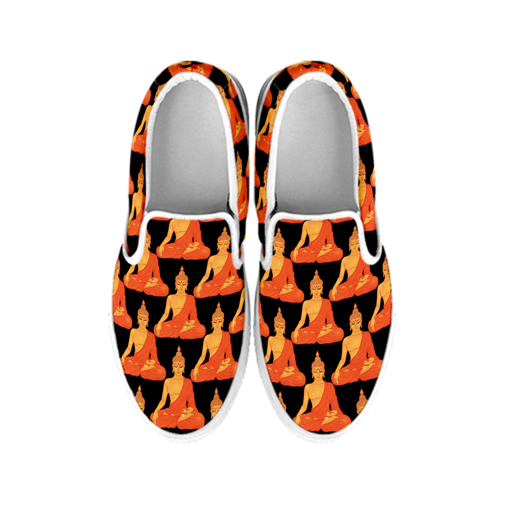 Gautama Buddha Pattern Print White Slip On Shoes