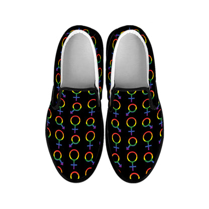 Gay Pride Gender Symbol Pattern Print Black Slip On Shoes