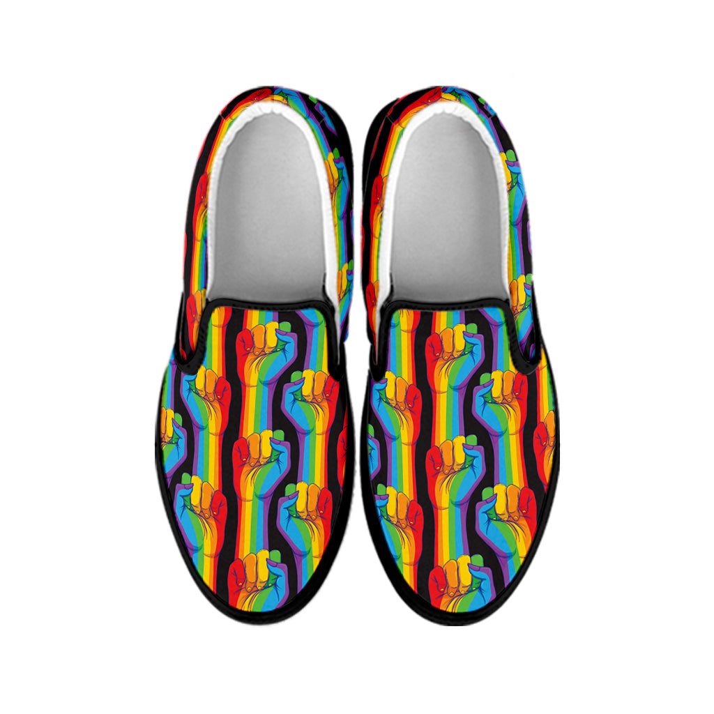 Gay Pride Hand Sign Pattern Print Black Slip On Shoes
