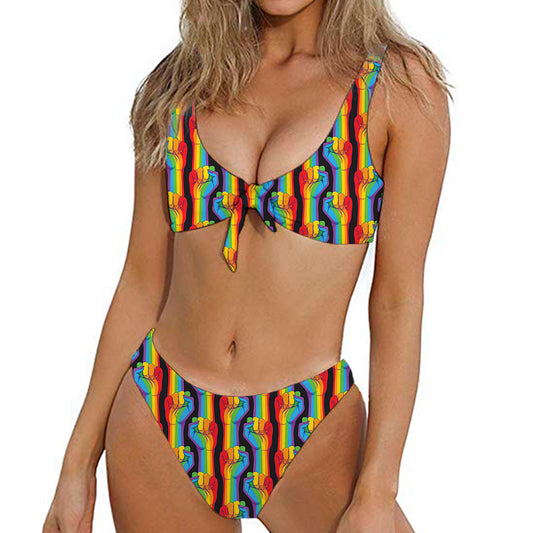 Gay Pride Hand Sign Pattern Print Front Bow Tie Bikini