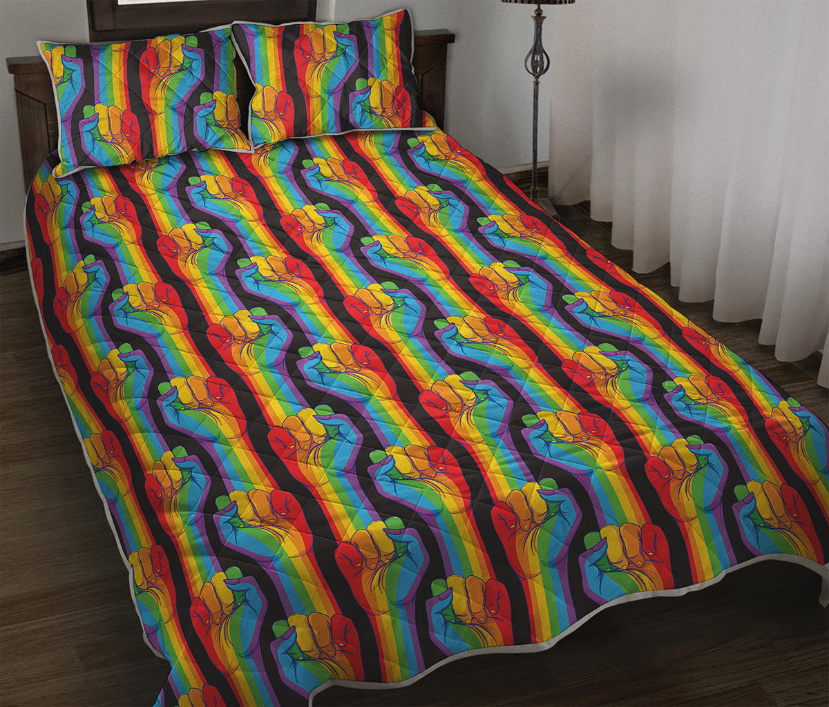 Gay Pride Hand Sign Pattern Print Quilt Bed Set