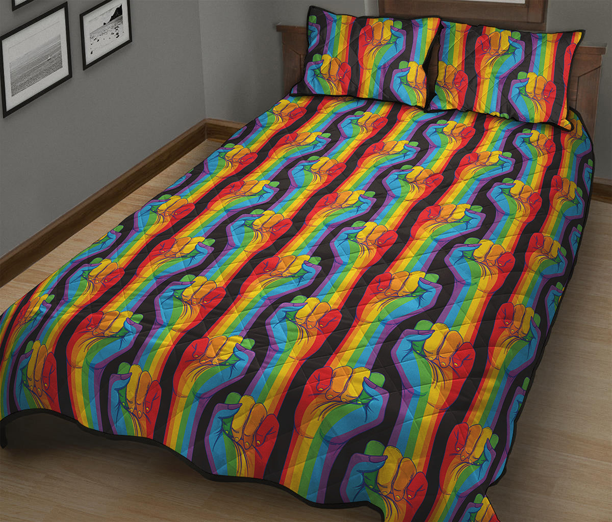 Gay Pride Hand Sign Pattern Print Quilt Bed Set