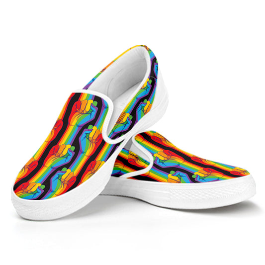 Gay Pride Hand Sign Pattern Print White Slip On Shoes