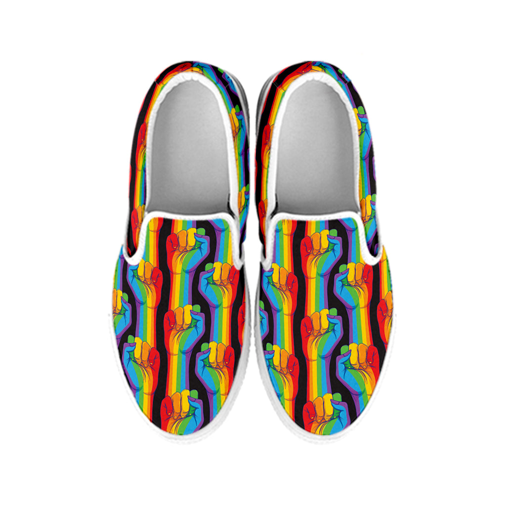 Gay Pride Hand Sign Pattern Print White Slip On Shoes