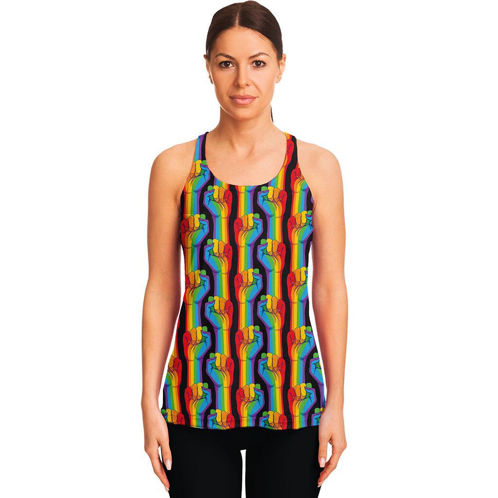 Gay Pride Hand Sign Pattern Print Women's Racerback Tank Top