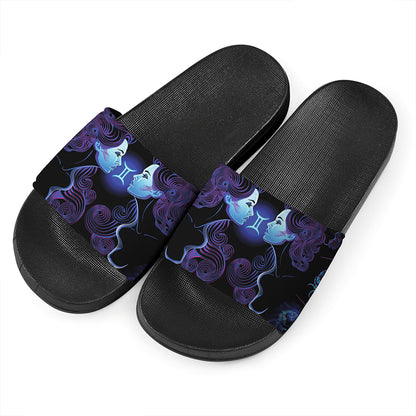 Gemini And Astrological Signs Print Black Slide Sandals