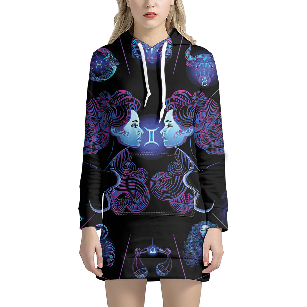 Gemini And Astrological Signs Print Pullover Hoodie Dress