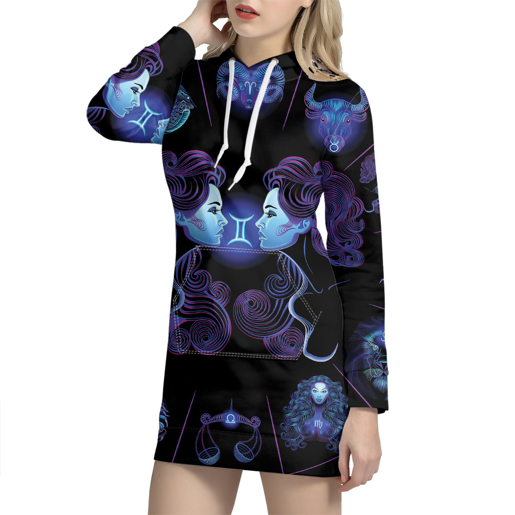 Gemini And Astrological Signs Print Pullover Hoodie Dress