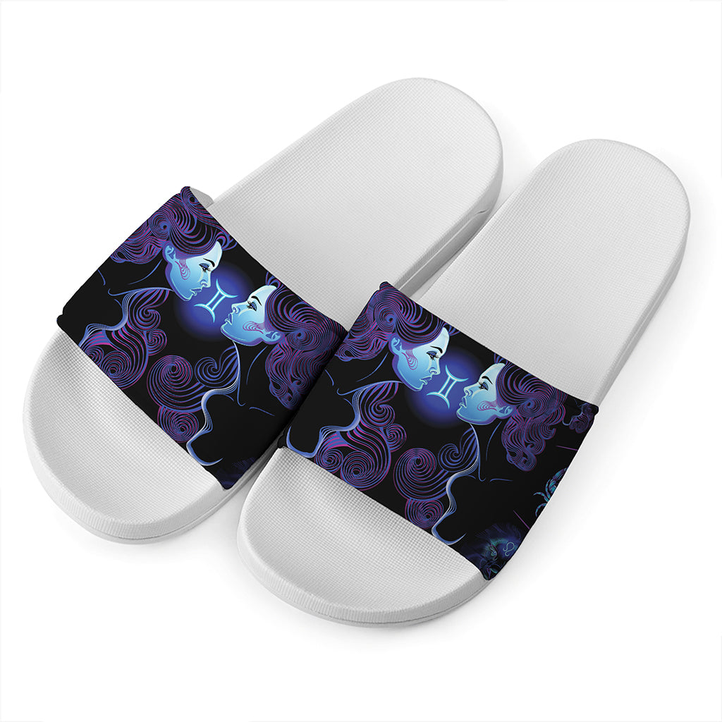Gemini And Astrological Signs Print White Slide Sandals