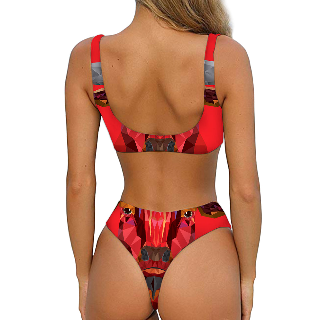 Geometric Bull Skull Print Front Bow Tie Bikini