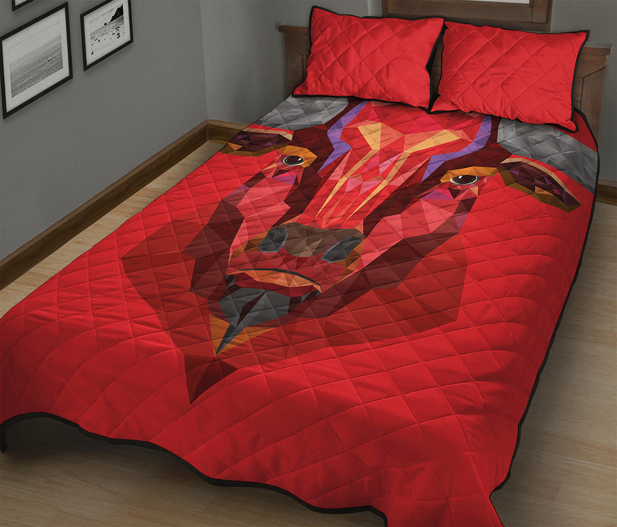 Geometric Bull Skull Print Quilt Bed Set