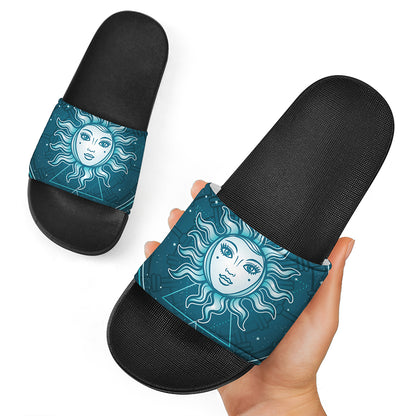 Geometric Celestial Sun And Moon Print Black Slide Sandals