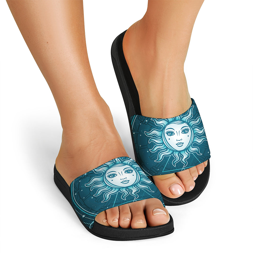 Geometric Celestial Sun And Moon Print Black Slide Sandals