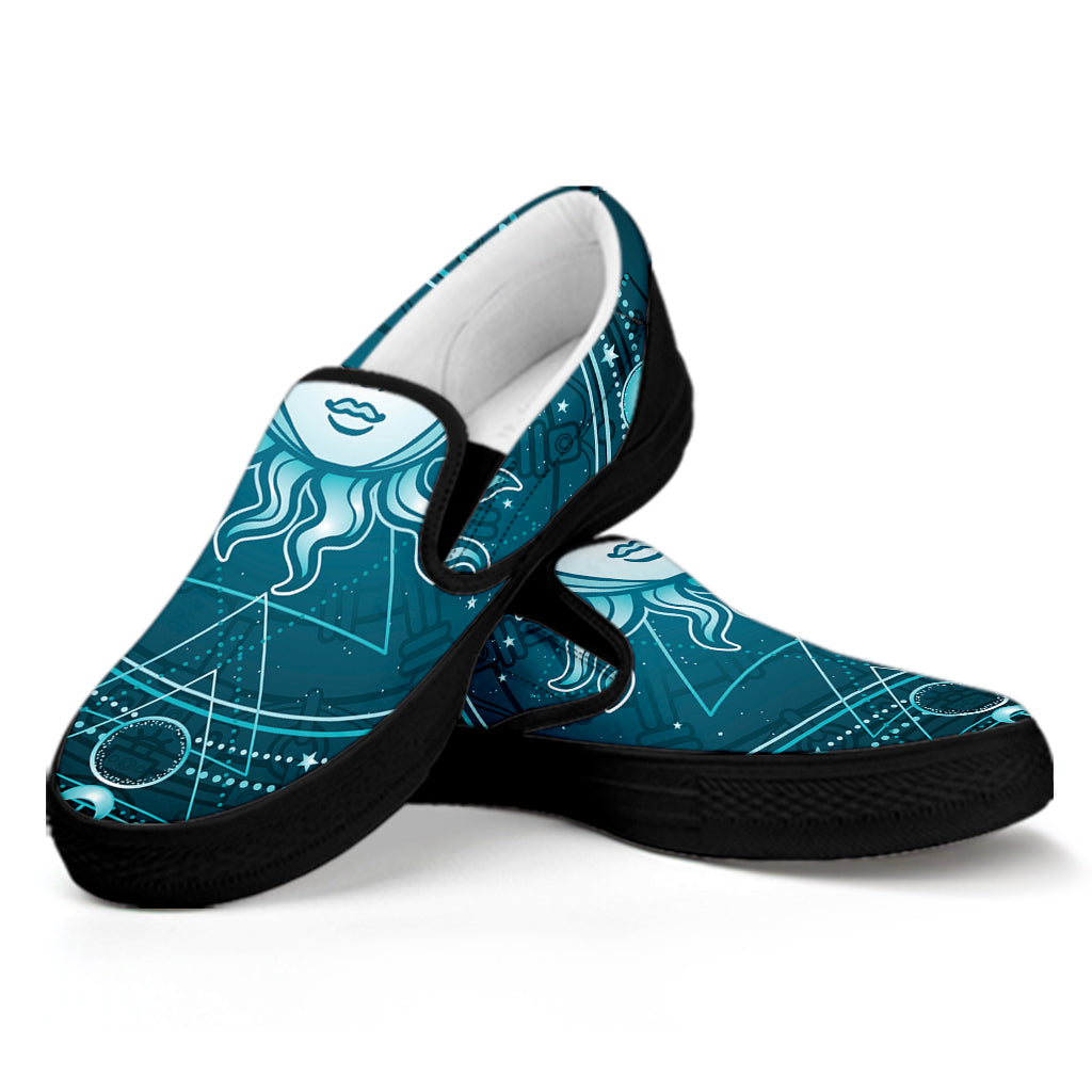 Geometric Celestial Sun And Moon Print Black Slip On Shoes