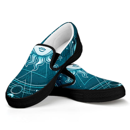 Geometric Celestial Sun And Moon Print Black Slip On Shoes