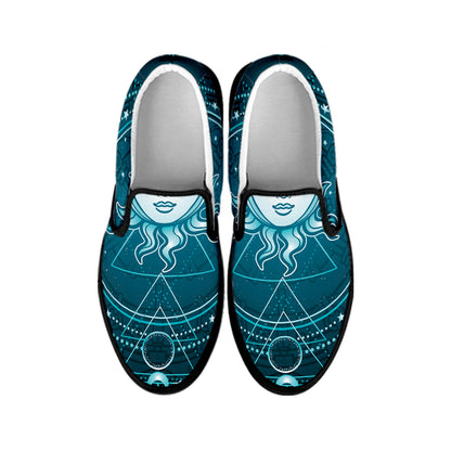 Geometric Celestial Sun And Moon Print Black Slip On Shoes
