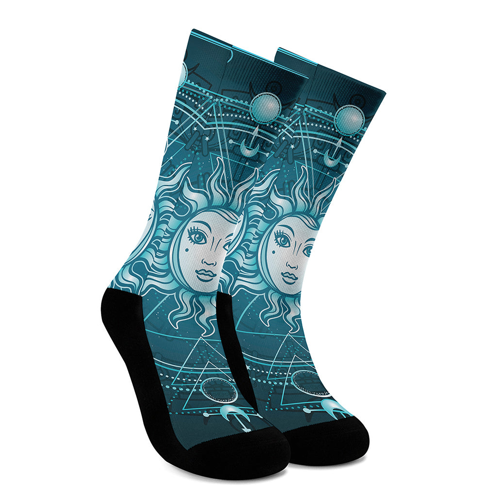 Geometric Celestial Sun And Moon Print Crew Socks