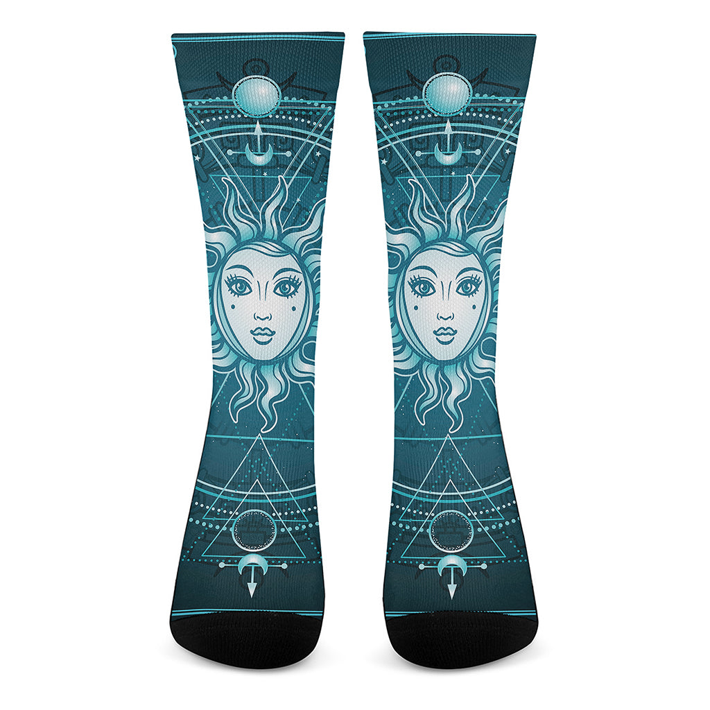 Geometric Celestial Sun And Moon Print Crew Socks