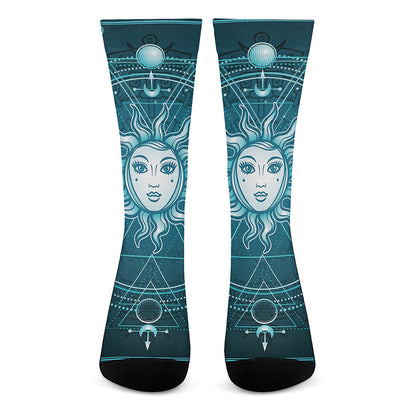 Geometric Celestial Sun And Moon Print Crew Socks