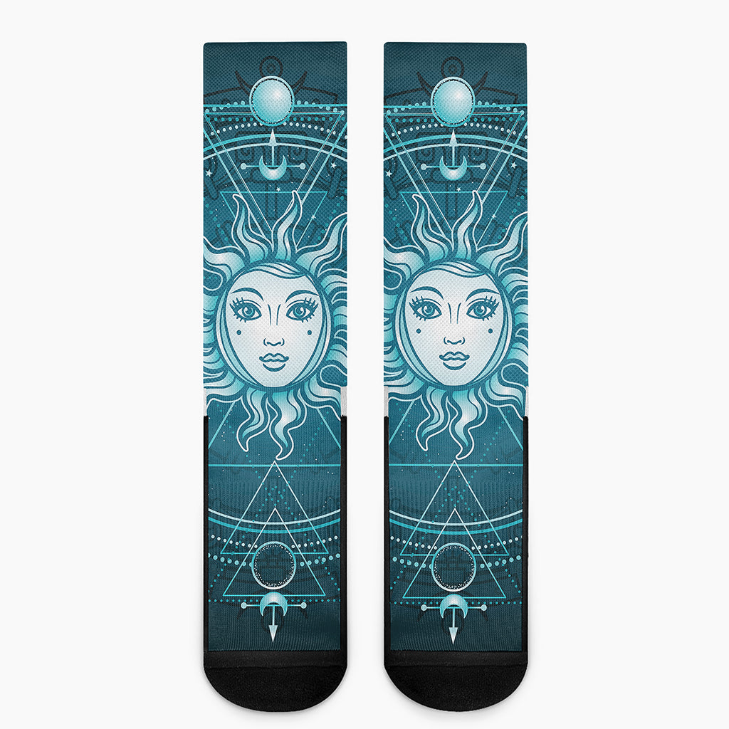 Geometric Celestial Sun And Moon Print Crew Socks