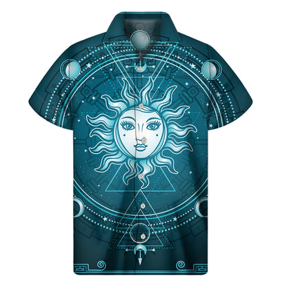 Geometric Celestial Sun And Moon Print Men's Short Sleeve Shirt