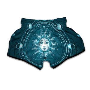 Geometric Celestial Sun And Moon Print Muay Thai Boxing Shorts