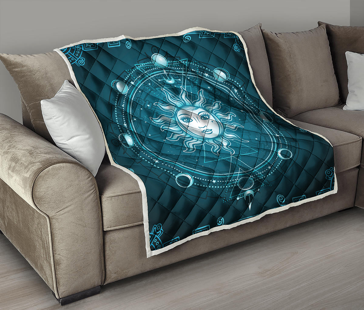 Geometric Celestial Sun And Moon Print Quilt