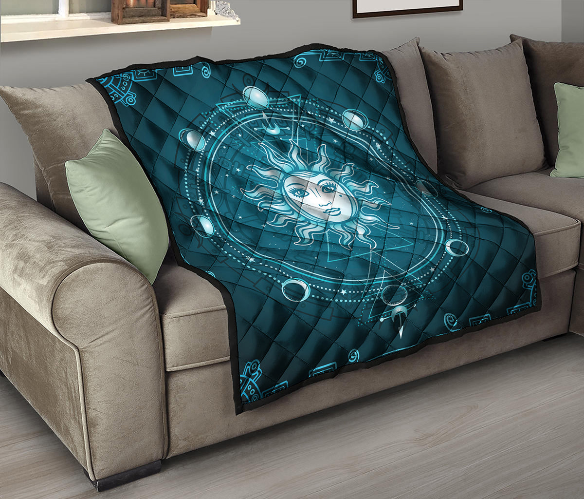 Geometric Celestial Sun And Moon Print Quilt