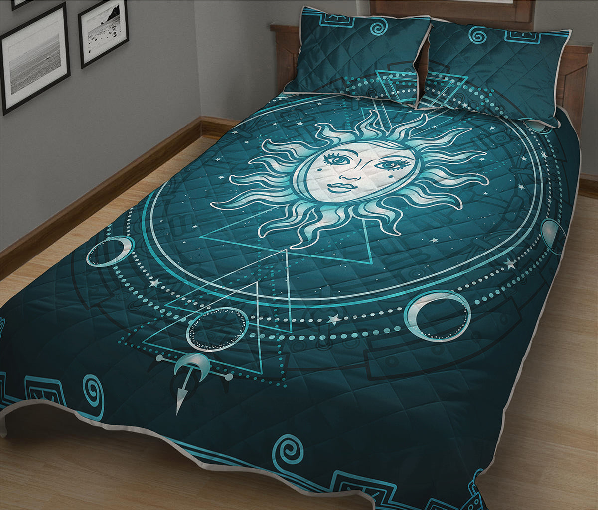 Geometric Celestial Sun And Moon Print Quilt Bed Set