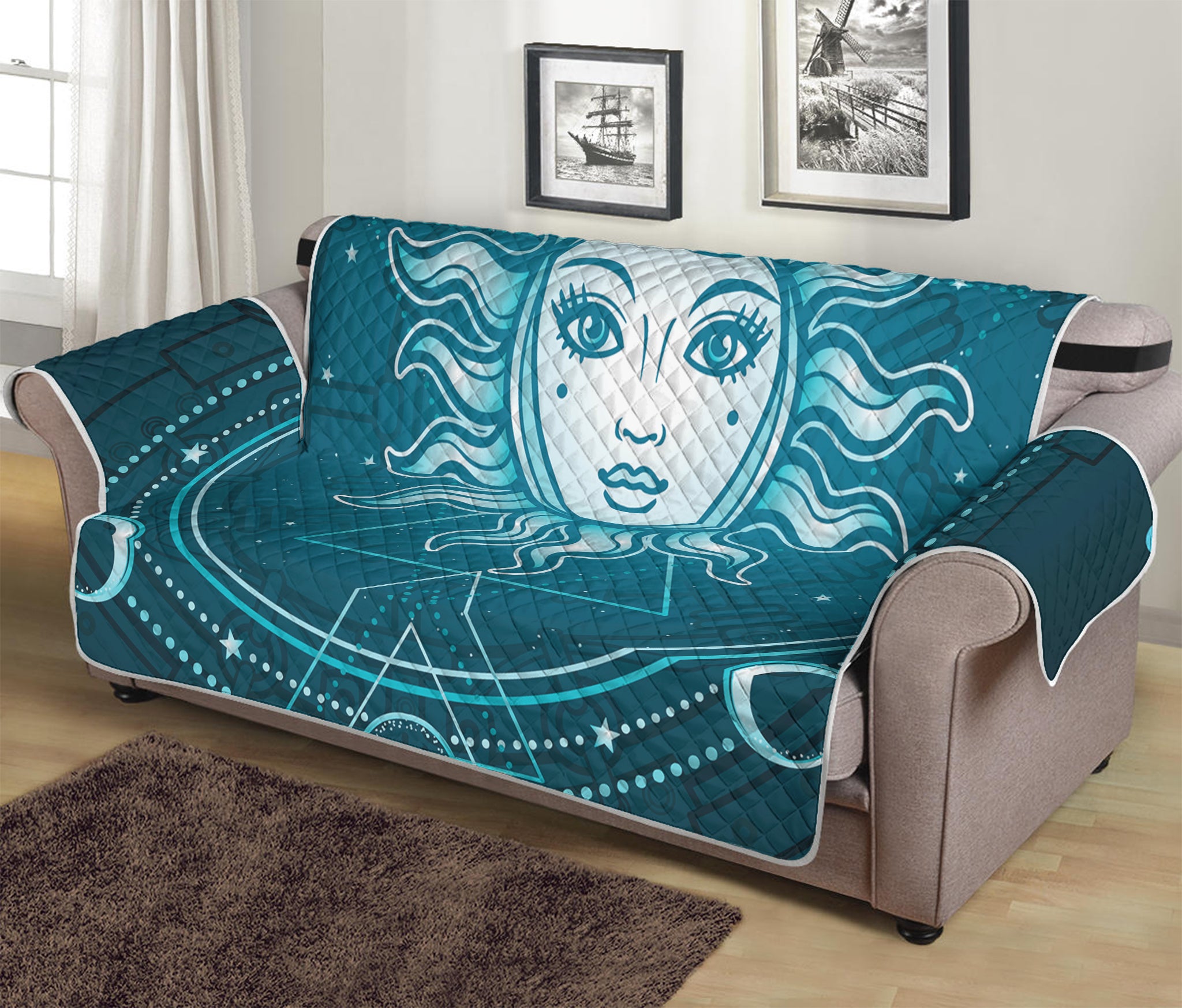 Geometric Celestial Sun And Moon Print Sofa Protector