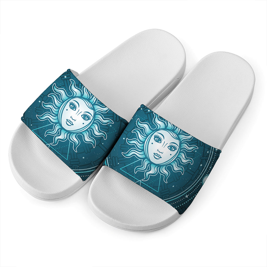 Geometric Celestial Sun And Moon Print White Slide Sandals