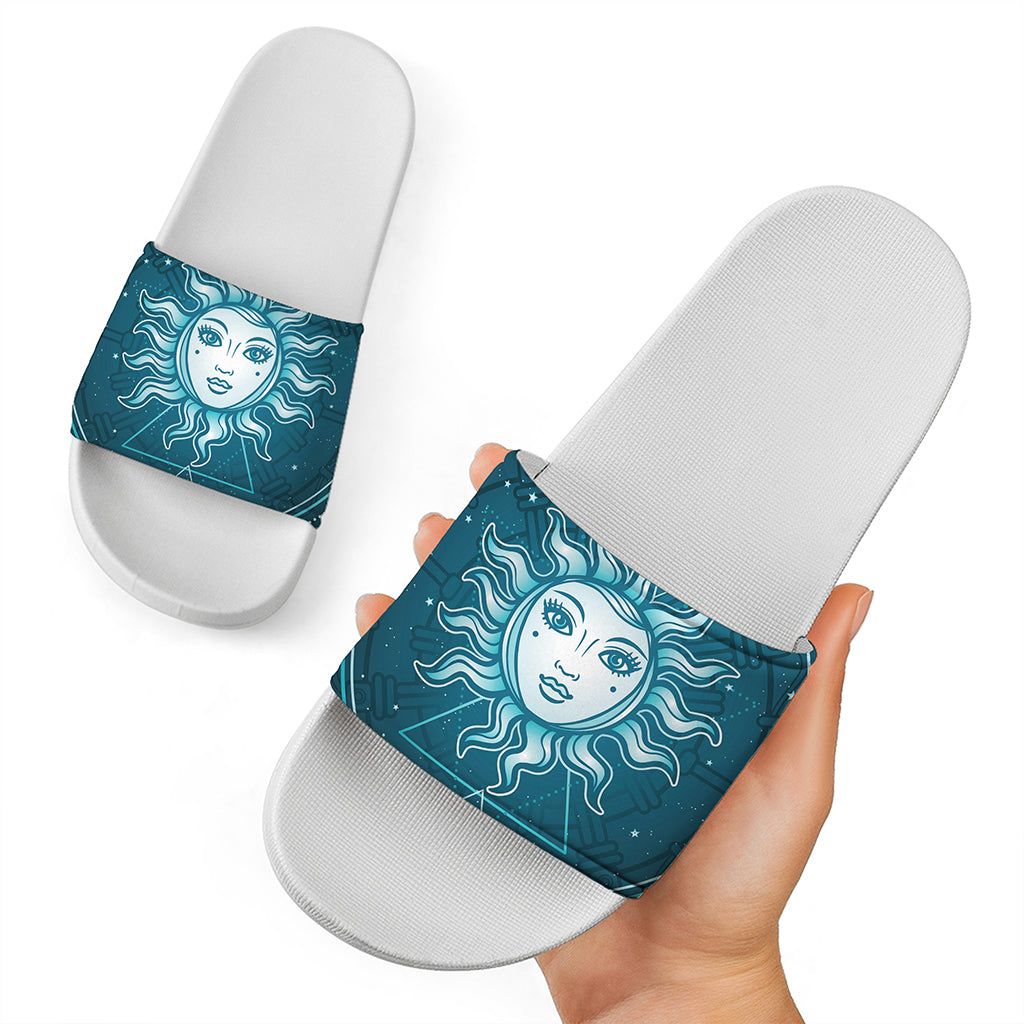 Geometric Celestial Sun And Moon Print White Slide Sandals