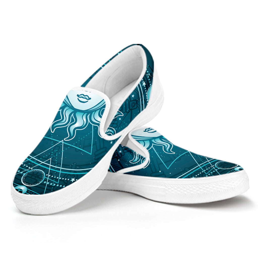 Geometric Celestial Sun And Moon Print White Slip On Shoes