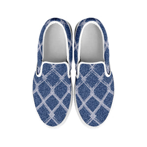 Geometric Denim Jeans Pattern Print White Slip On Shoes