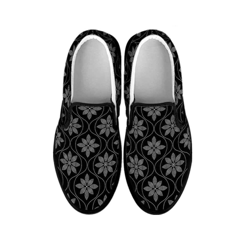 Geometric Dot Flower Pattern Print Black Slip On Shoes