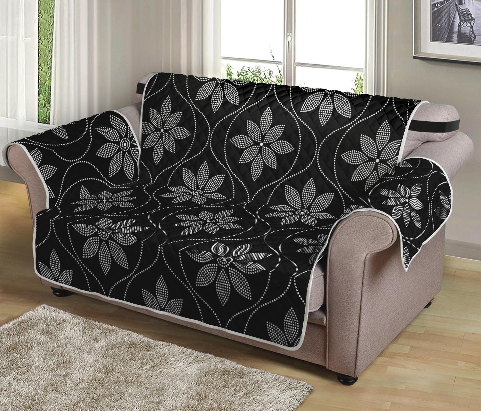 Geometric Dot Flower Pattern Print Loveseat Protector